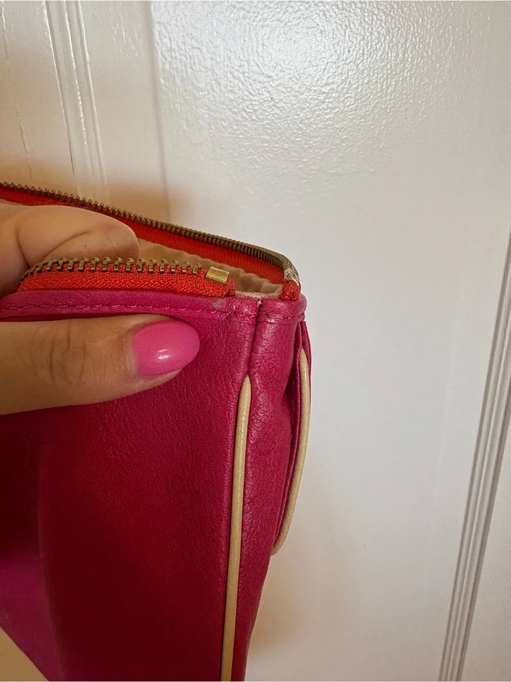 Y2K Juicy Couture Pink and Red Leather Wristlet Clutch with Gold Hardware